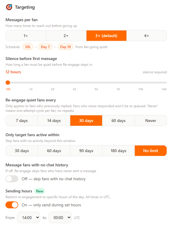 FanWake re-engagement targeting settings showing sequence configuration